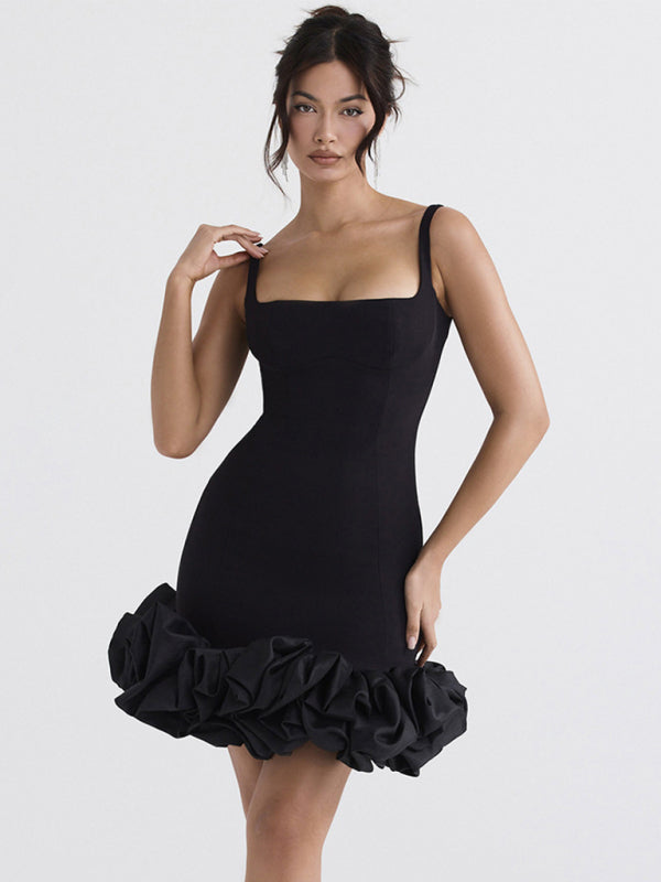 Ruffle Dresses- Vintage Elegant Flounce Hem Square Bodycon Mini dress- Black- Pekosa Women Clothing