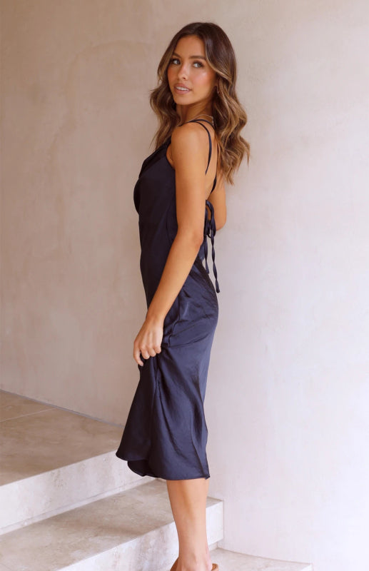 Satin Dresses- Satin One Shoulder Slip Dress with Cowl Back- - Pekosa Women Fashion