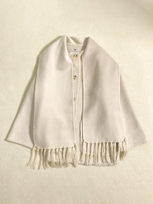 Scarf Jacket- Embroidered Wool Scarf Fringe Coat Jacket- Cream- Pekosa Women Clothing