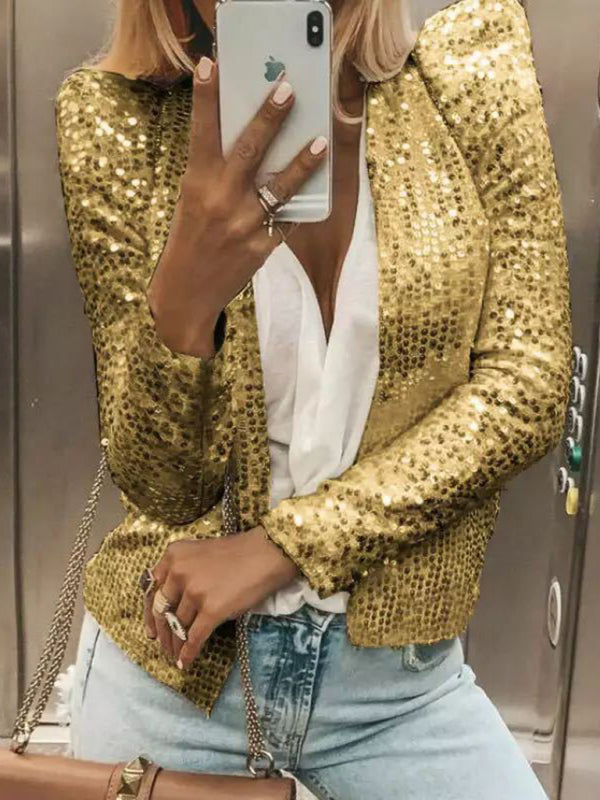 Sequined Jackets- Sequined Puff Sleeve Open Front Jacket- Golden- Pekosa Women Clothing