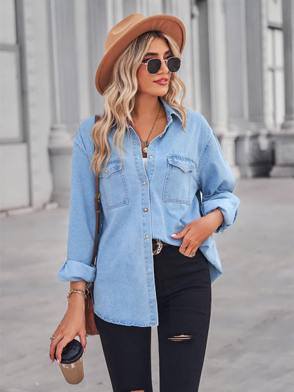 Shirt- Button-Down Jean Jacket Women's Thin Denim Shirt Jacket for Any Occasion- - Pekosa Women Clothing