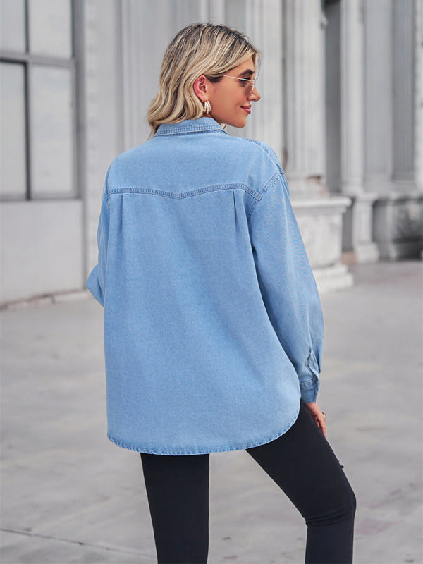 Shirt- Button-Down Jean Jacket Women's Thin Denim Shirt Jacket for Any Occasion- - Pekosa Women Clothing