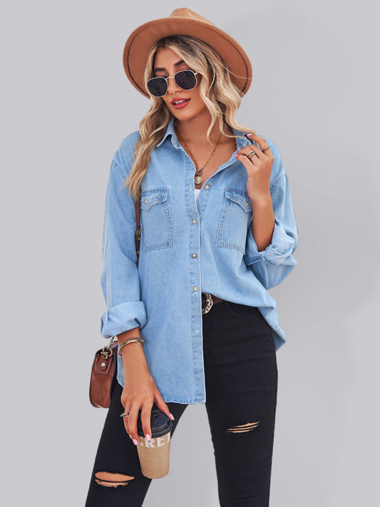 Shirt- Button-Down Jean Jacket Women's Thin Denim Shirt Jacket for Any Occasion- Blue- Pekosa Women Clothing