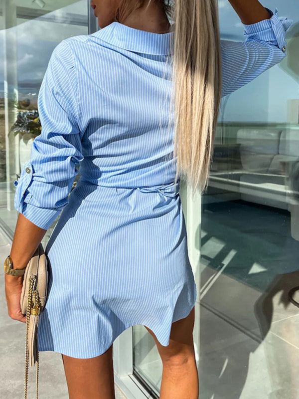 Shirt Dresses- Belted Button-Up Shirt Dress in Solid Cotton with Roll-Up Sleeves- - Pekosa Women Clothing