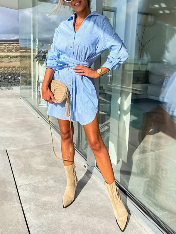 Shirt Dresses- Belted Button-Up Shirt Dress in Solid Cotton with Roll-Up Sleeves- - Pekosa Women Clothing