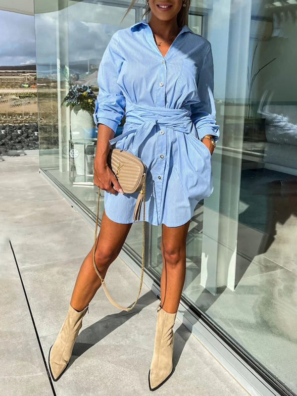 Shirt Dresses- Belted Button-Up Shirt Dress in Solid Cotton with Roll-Up Sleeves- - Pekosa Women Clothing
