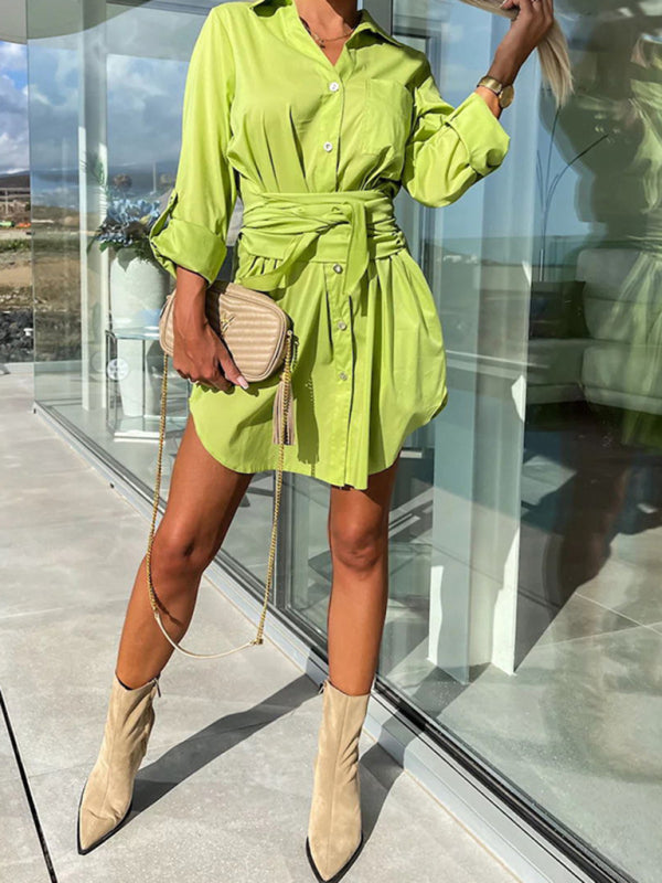 Shirt Dresses- Belted Button-Up Shirt Dress in Solid Cotton with Roll-Up Sleeves- - Pekosa Women Clothing