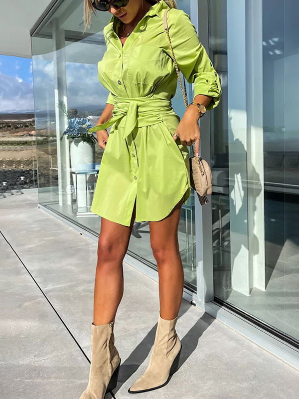 Shirt Dresses- Belted Button-Up Shirt Dress in Solid Cotton with Roll-Up Sleeves- - Pekosa Women Clothing