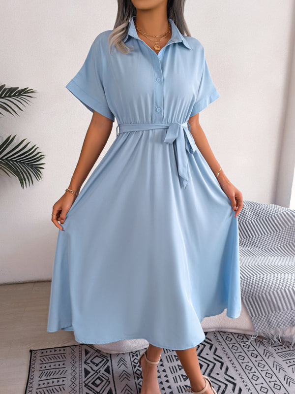 Shirt Dresses- Casual Elegance Solid Button Down Belt Tie Shirt Dress- - Pekosa Women Clothing