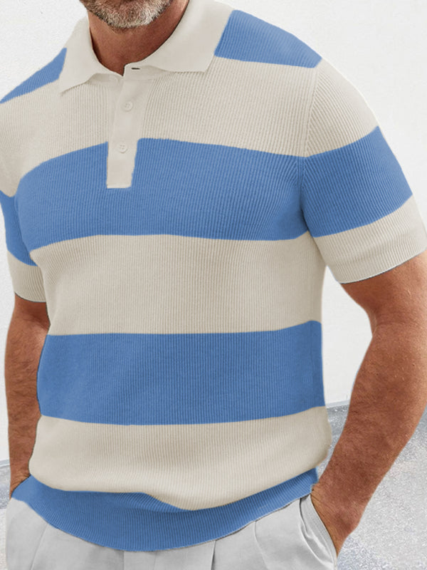 Shirt Sweaters- Men's Color Block Knit Polo Shirt- Blue- Pekosa Women Clothing