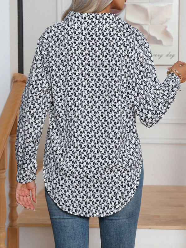 Shirts- All-Printed Collared Button-Up Blouse | Long Sleeves Shirt- - Pekosa Women Clothing