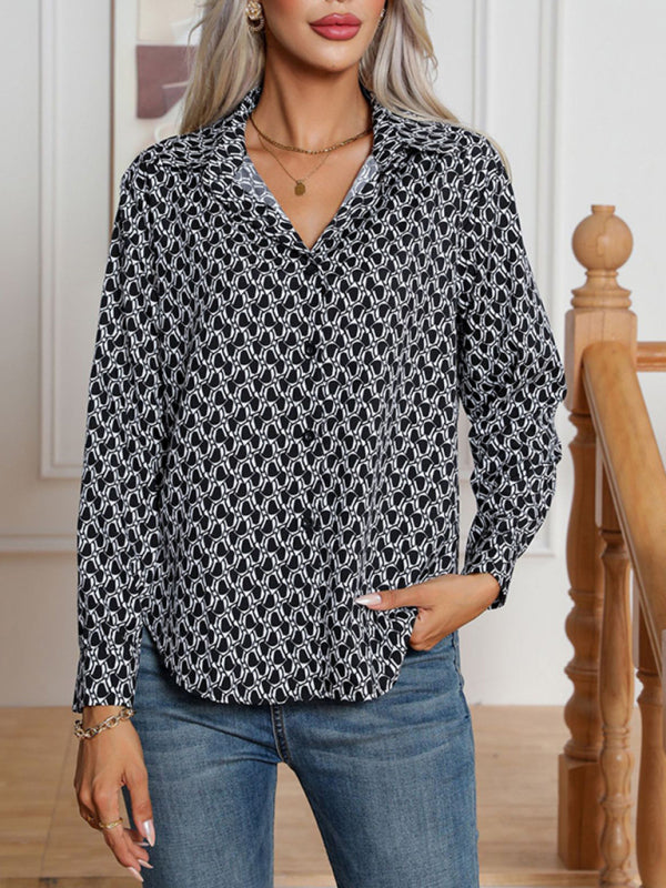 Shirts- All-Printed Collared Button-Up Blouse | Long Sleeves Shirt- - Pekosa Women Clothing