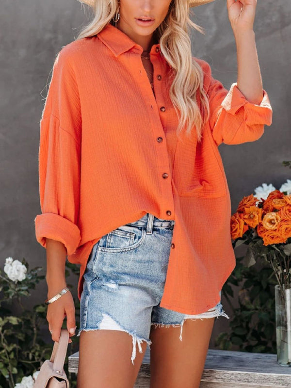 Shirts- Functional Fashion: Women's Short Sleeves Button Down Shirt - Pocketed- Orange- Pekosa Women Clothing