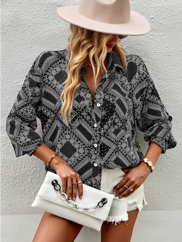 Shirts- Geometric Bandana Print Shirt - Button Down Long Sleeve Top- Black- Pekosa Women Clothing