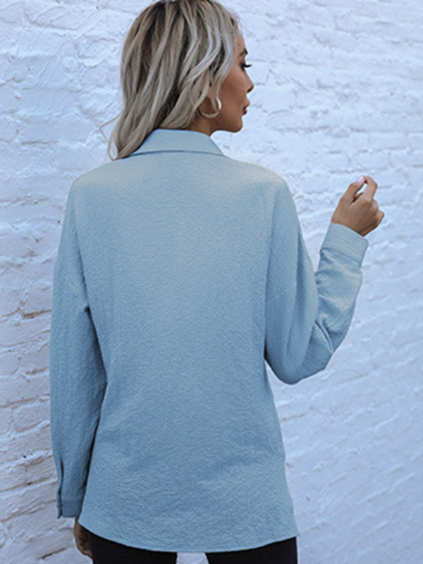 Shirts- Long Sleeve Shirt - Textured Fabric & Patch Pockets Top- - Pekosa Women Clothing