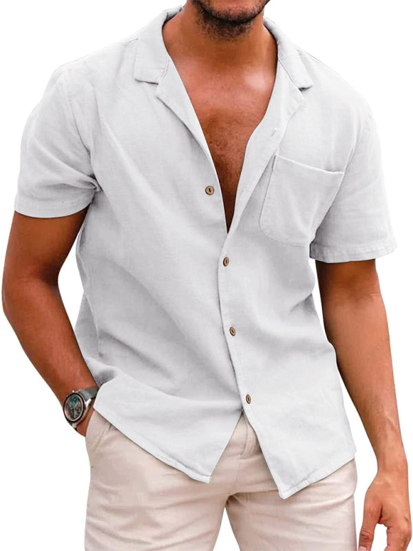 Shirts- Men's Oversized Solid Cotton Short Sleeve Shirt- White- Pekosa Women Clothing
