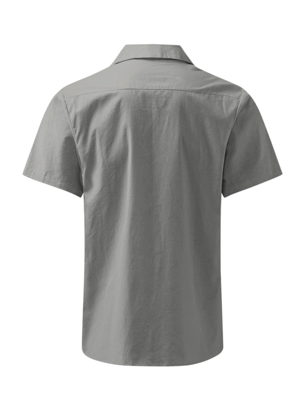 Shirts- Men's Oversized Solid Cotton Short Sleeve Shirt- - Pekosa Women Clothing