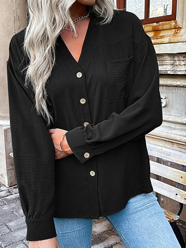 Shirts- Solid Drop Shoulder Button Patch Pocket Shirt- - Pekosa Women Clothing