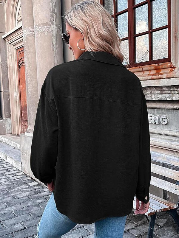 Shirts- Solid Drop Shoulder Button Patch Pocket Shirt- - Pekosa Women Clothing
