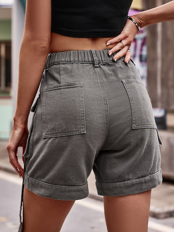 Shorts- Retro Denim Cargo Shorts: High Waist, Elastic Back, and Flap Pockets- - Pekosa Women Clothing