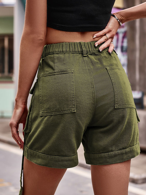 Shorts- Retro Denim Cargo Shorts: High Waist, Elastic Back, and Flap Pockets- - Pekosa Women Clothing