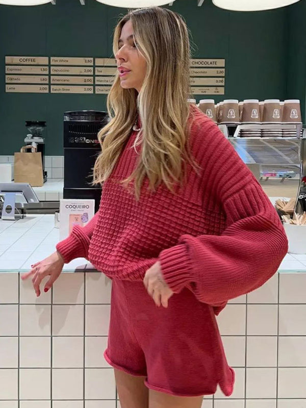 Shrots Set- Comfy Knitwear Duo: Lounge Sweater and Laid-Back Shorts- - Pekosa Women Clothing