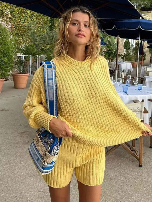 Shrots Set- Comfy Knitwear Duo: Lounge Sweater and Laid-Back Shorts- - Pekosa Women Clothing