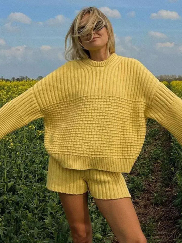 Shrots Set- Comfy Knitwear Duo: Lounge Sweater and Laid-Back Shorts- - Pekosa Women Clothing