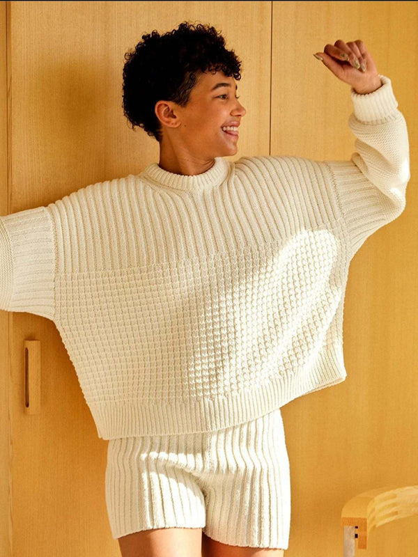 Shrots Set- Comfy Knitwear Duo: Lounge Sweater and Laid-Back Shorts- - Pekosa Women Clothing