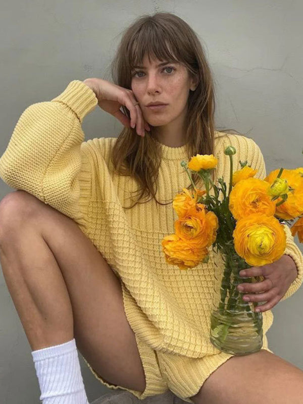 Shrots Set- Comfy Knitwear Duo: Lounge Sweater and Laid-Back Shorts- - Pekosa Women Clothing