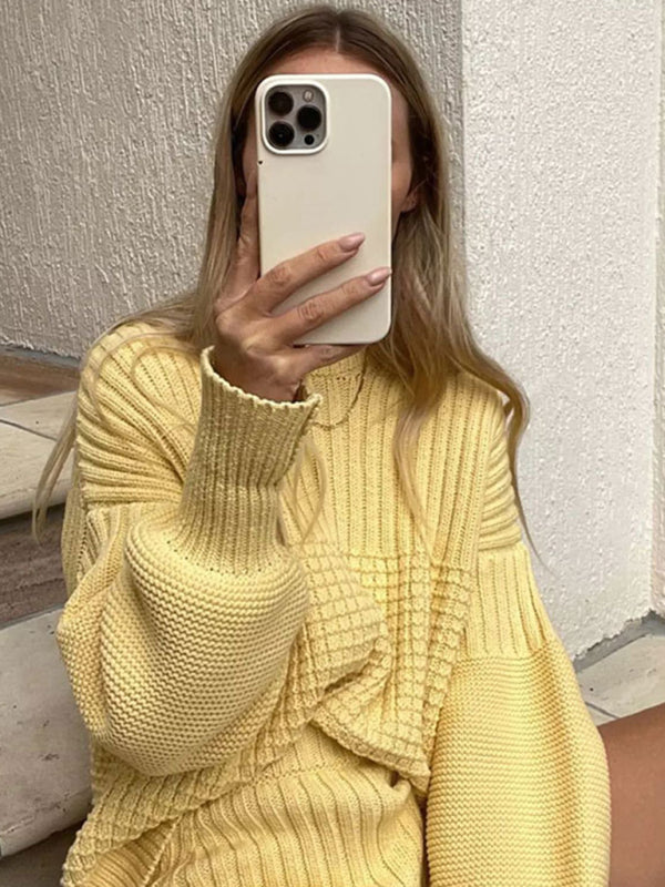 Shrots Set- Comfy Knitwear Duo: Lounge Sweater and Laid-Back Shorts- - Pekosa Women Clothing