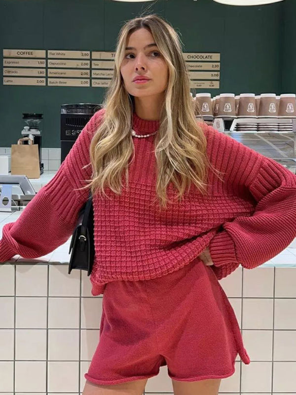 Shrots Set- Comfy Knitwear Duo: Lounge Sweater and Laid-Back Shorts- - Pekosa Women Clothing