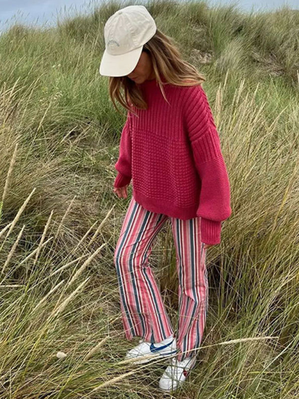 Shrots Set- Comfy Knitwear Duo: Lounge Sweater and Laid-Back Shorts- - Pekosa Women Clothing