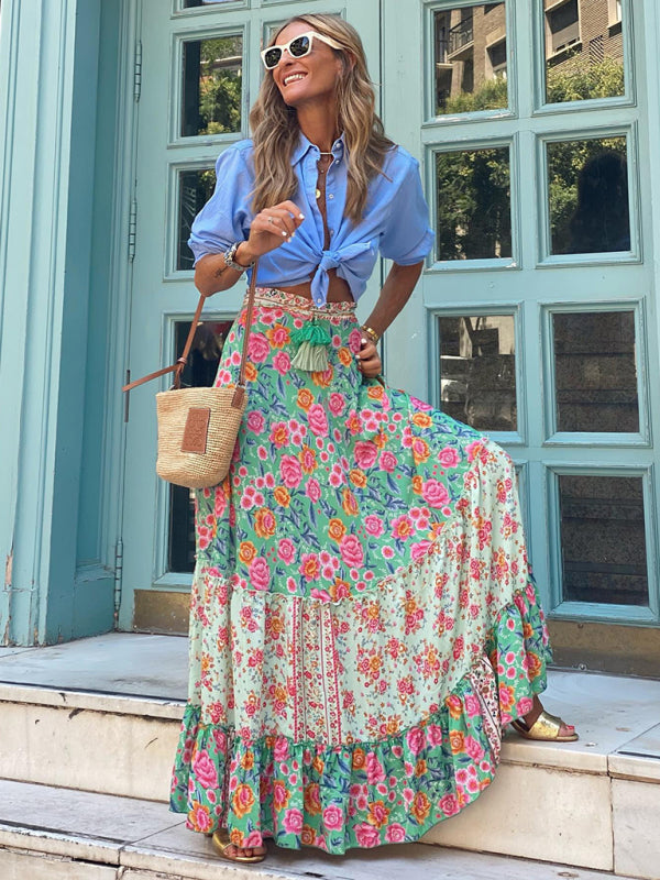 Skirt- Boho-Chic Vintage Skirt with Tropical Print and Tiered Ruffles- - Pekosa Women Clothing