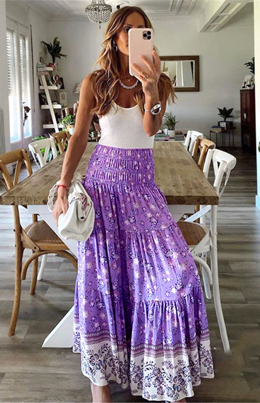 Skirt- Floral Boho Tiered Ruffle Maxi Skirt- Purple- Pekosa Women Clothing