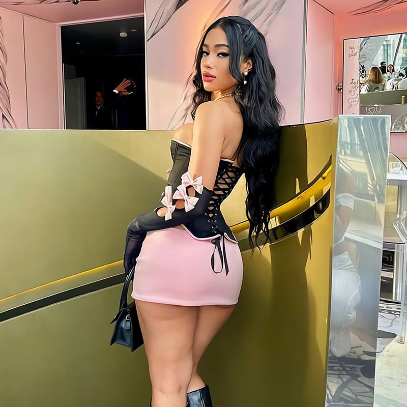 Skirt Set- 3-Piece Clubbing Night Corset Top & Mini Skirt & Arm Sleeves, Bow Accents- - Pekosa Women Clothing