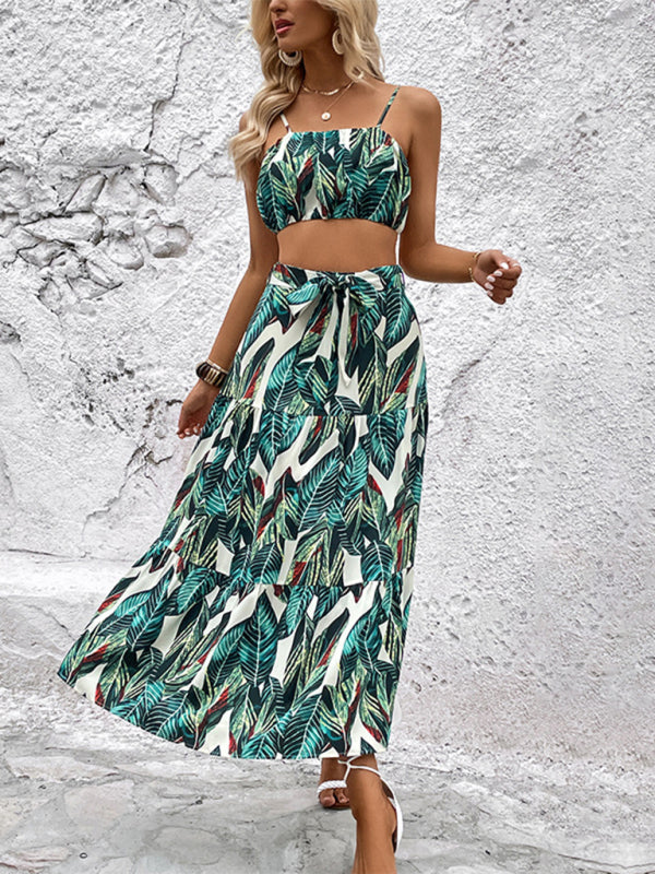 Skirt Set- Boho Vibes: Vacation Set - Cami Tank Crop + Maxi Tropical Skirt- - Pekosa Women Clothing
