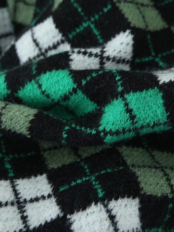 Skirt Set- Diamond Knitted Set Button-Up Crop Sweater and Mini Skirt- - Pekosa Women Clothing