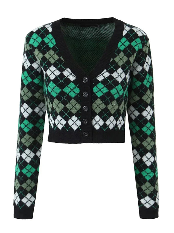 Skirt Set- Diamond Knitted Set Button-Up Crop Sweater and Mini Skirt- - Pekosa Women Clothing