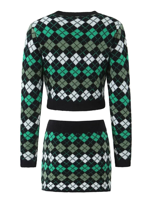Skirt Set- Diamond Knitted Set Button-Up Crop Sweater and Mini Skirt- - Pekosa Women Clothing