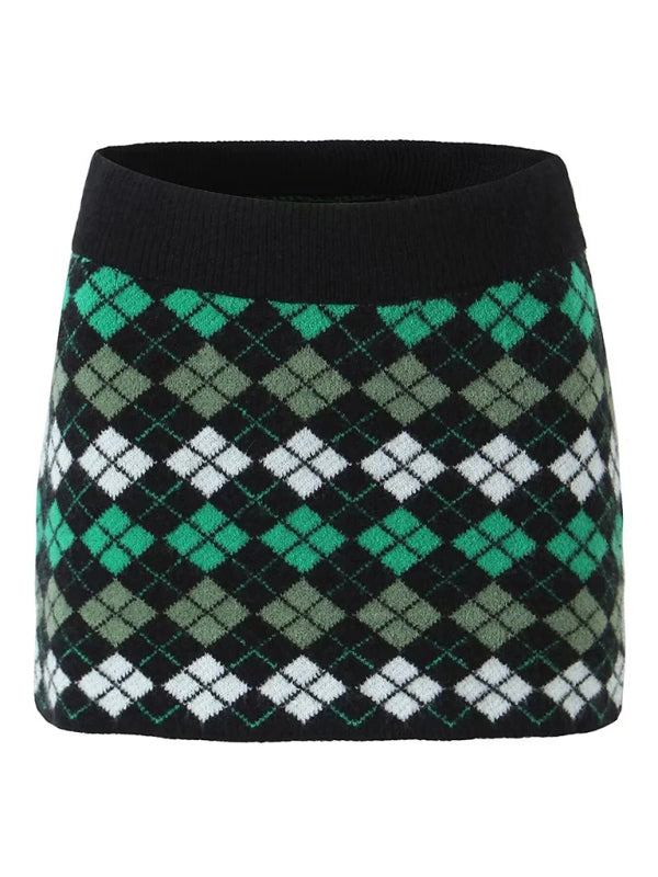 Skirt Set- Diamond Knitted Set Button-Up Crop Sweater and Mini Skirt- - Pekosa Women Clothing