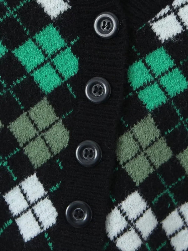 Skirt Set- Diamond Knitted Set Button-Up Crop Sweater and Mini Skirt- - Pekosa Women Clothing