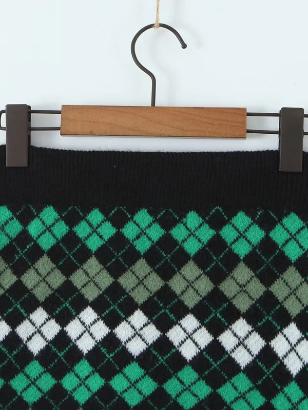 Skirt Set- Diamond Knitted Set Button-Up Crop Sweater and Mini Skirt- - Pekosa Women Clothing