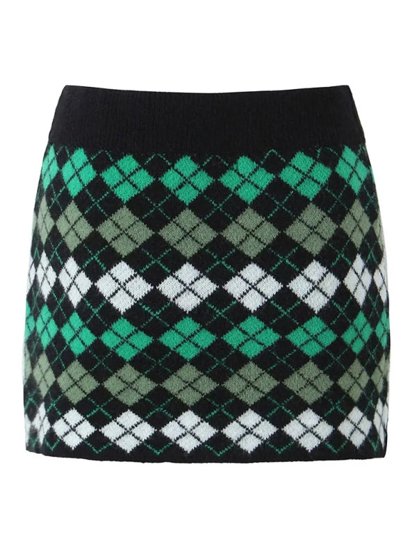 Skirt Set- Diamond Knitted Set Button-Up Crop Sweater and Mini Skirt- - Pekosa Women Clothing