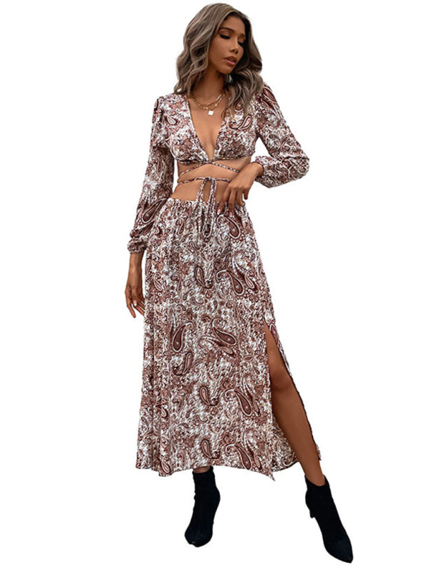 Skirt Set- Paisley V Neck Dress: 2-Piece Set, Mid Calf Skirt, Strappy Crop Top- - Pekosa Women Clothing