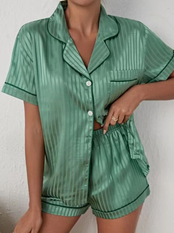 Sleepwear- Striped Satin Pajamas 2-Piece Silk Shirt & Shorts- Green- Pekosa Women Clothing