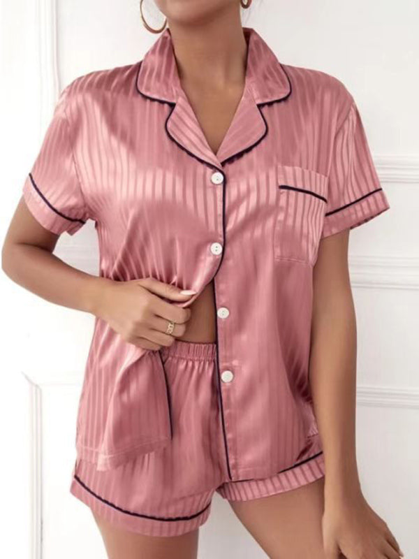 Sleepwear- Striped Satin Pajamas 2-Piece Silk Shirt & Shorts- Pink- Pekosa Women Clothing