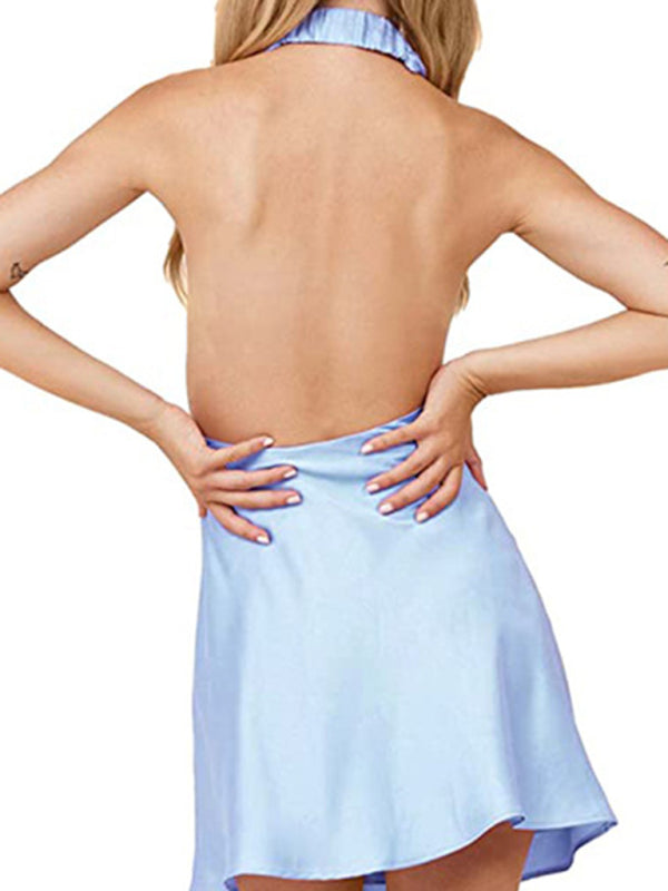 Slip Dresses- Satin Hater Neck Open Back Slip Mini Dress- - Pekosa Women Clothing