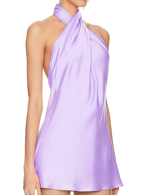 Slip Dresses- Satin Hater Neck Open Back Slip Mini Dress- - Pekosa Women Clothing