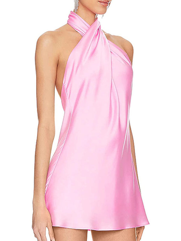 Slip Dresses- Satin Hater Neck Open Back Slip Mini Dress- Pink- Pekosa Women Clothing